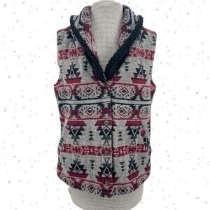 Duluth Trading Co Sherpa Festivest Gray Red Black Southwestern Warm Vest Size S